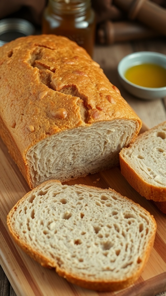 Whole Wheat Bread Machine Recipe A freshly baked whole wheat bread loaf, sliced on a wooden board with honey and olive oil in the background.